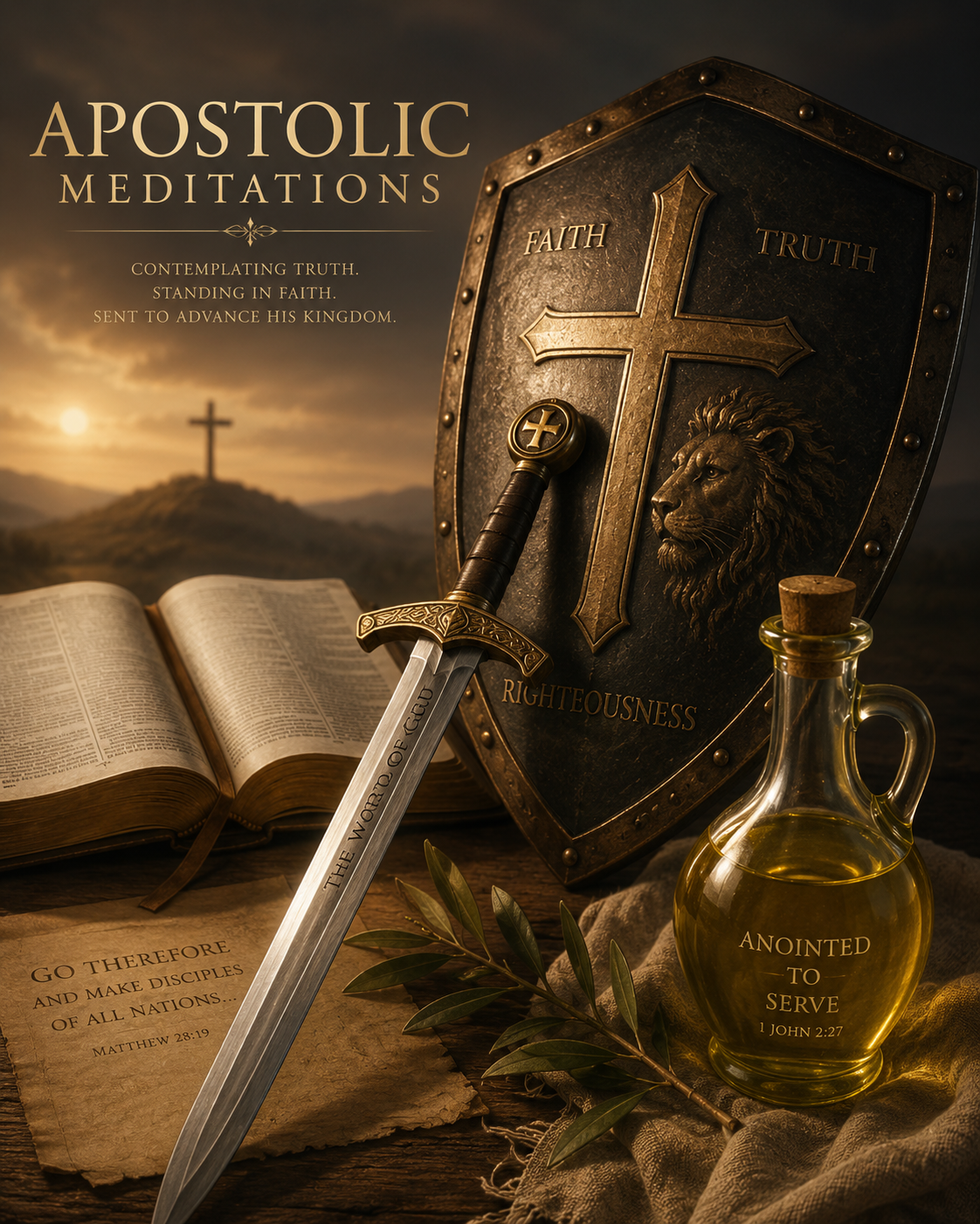 Apostolic Meditations — sword, shield, Bible, and anointing oil