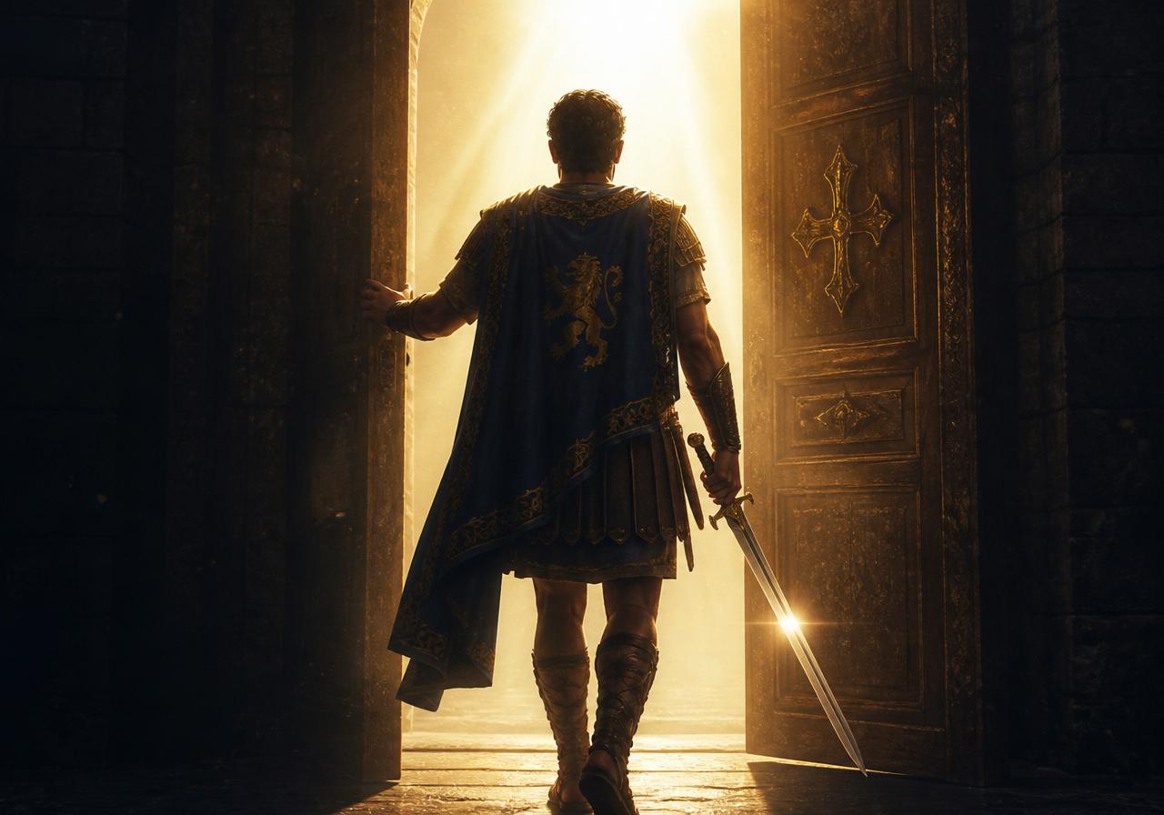 Warrior stepping through a doorway of light with sword gleaming